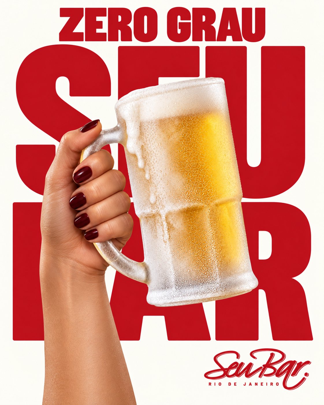 Seu Bar's Zero Grau piece: a hand raising an ice-cold mug of draft beer over the name SEU BAR in red